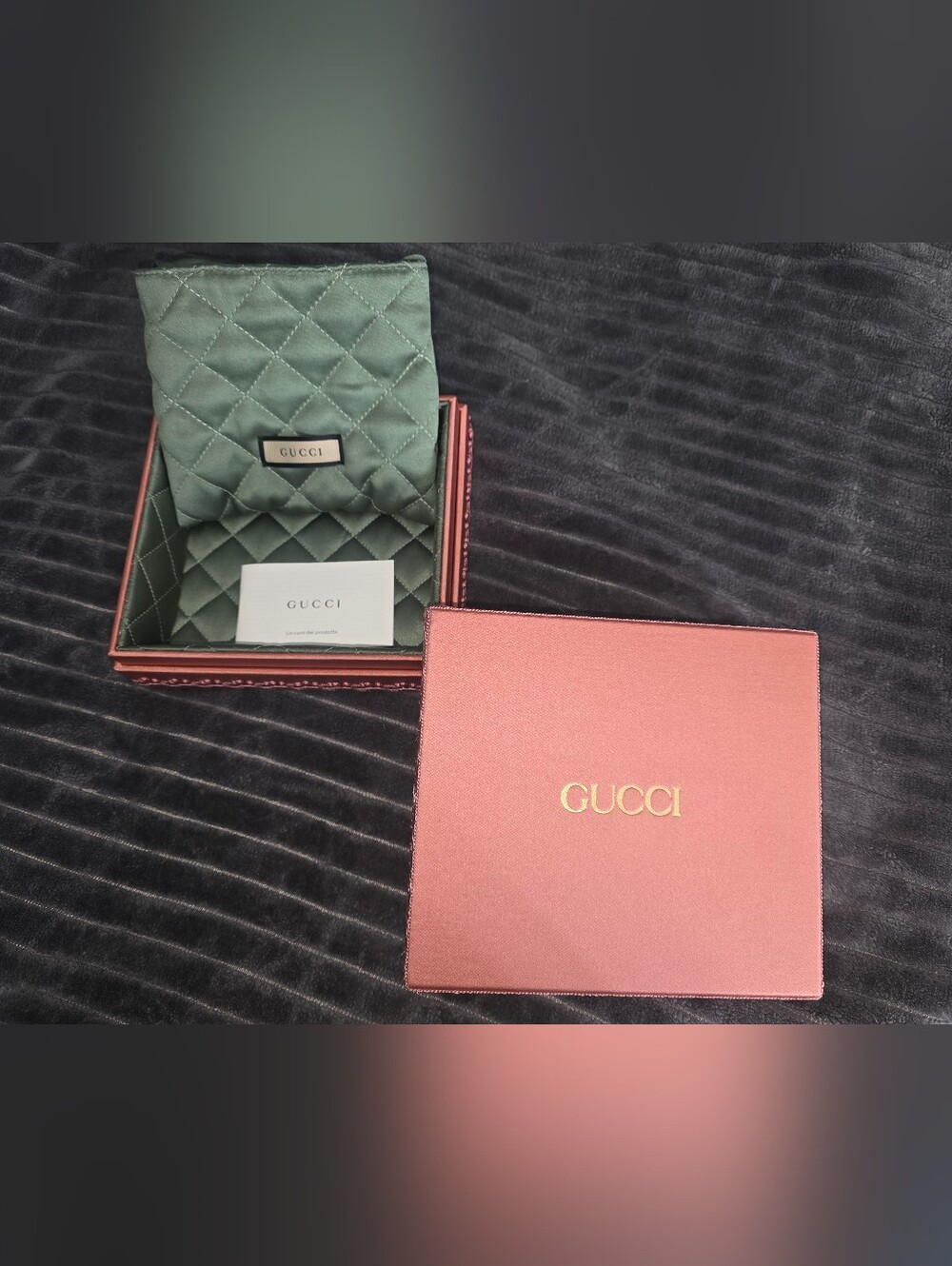 Authentic Gucci Pink Satin Fabric/Olive Green Quilted Box & Pouch